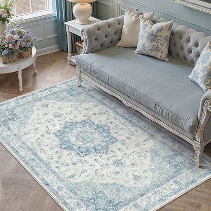 PureCozy Blue Area Rug 4x6 Washable Vintage Carpet for Office Living Room Soft Retro Low Pile Thin Indoor Rug Non Slip Oriental Medallion Floor Cover for Bedroom Kitchen Dining Room