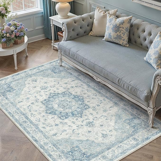 PureCozy Blue Area Rug 4x6 Washable Vintage Carpet for Office Living Room Soft Retro Low Pile Thin Indoor Rug Non Slip Oriental Medallion Floor Cover for Bedroom Kitchen Dining Room
