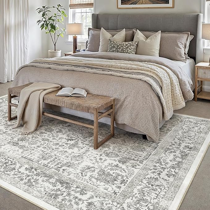 PureCozy Black Area Rug 8x10 Machine Washable Large Vintage Living Room Distressed Non Slip Carpet Traditional Indoor Bedroom Retro Floral Accent Throw Rug for Office Kitchen Dining Room