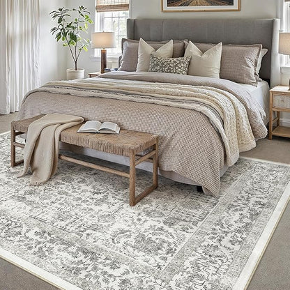 PureCozy Black Area Rug 8x10 Machine Washable Large Vintage Living Room Distressed Non Slip Carpet Traditional Indoor Bedroom Retro Floral Accent Throw Rug for Office Kitchen Dining Room
