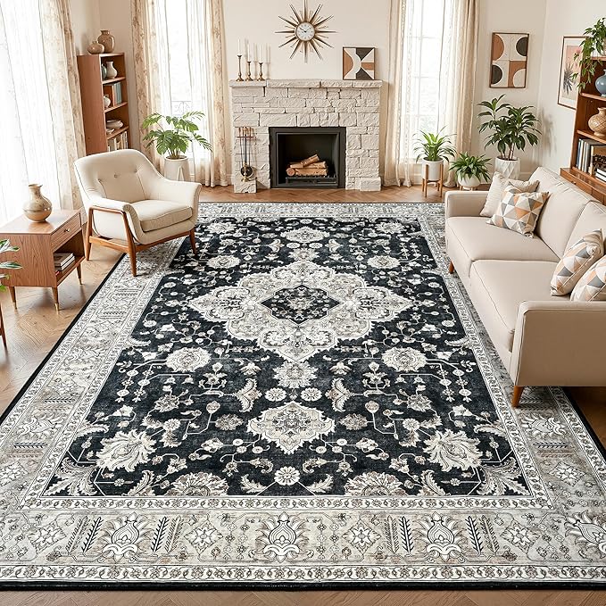 Maxsoft Large Area Rugs for Living Room Bedroom, 8x10 Black Gold Washable Rug with Rubber Backing, Non-Slip and Stain Resistant Soft Throw Indoor Carpet for Dining Room Office Kitchen Dorm Home Decor