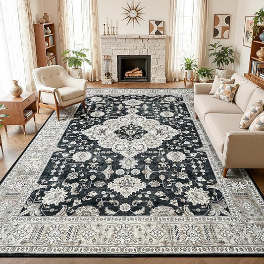 Maxsoft Large Area Rugs for Living Room Bedroom, 8x10 Black Gold Washable Rug with Rubber Backing, Non-Slip and Stain Resistant Soft Throw Indoor Carpet for Dining Room Office Kitchen Dorm Home Decor
