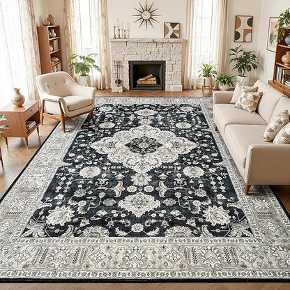 Maxsoft Large Area Rugs for Living Room Bedroom, 6x9 Black Gold Washable Rug with Rubber Backing, Non-Slip and Stain Resistant Soft Throw Indoor Carpet for Dining Room Office Kitchen Dorm Home Decor