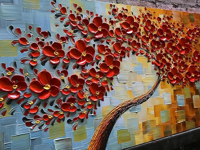 YaSheng Art - Large Canvas Wall Art ,Hand Painted 3D Texture Wall Art Red Floral Oil Painting, Modern Abstract Artworks Paintings , Wall Art for living room Bedroom Office Wall Deco Home, Framed Wall Art Pictures 60 by 24 inch