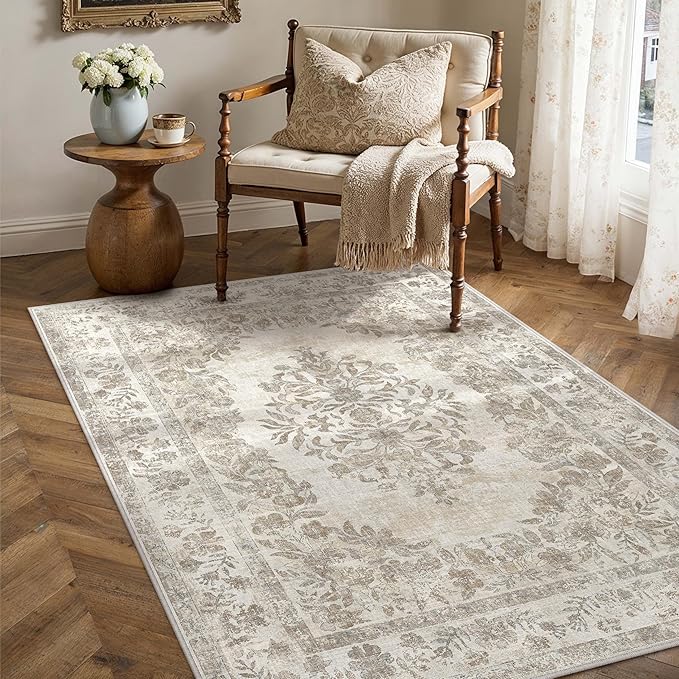 PureCozy 3x5 Area Rug Beige Washable Office Vintage Distressed Carpet Bedroom Indoor Medallion Floral Living Room Non Slip Retro Throw Floor Mat for Dining Room Kitchen Bathroom