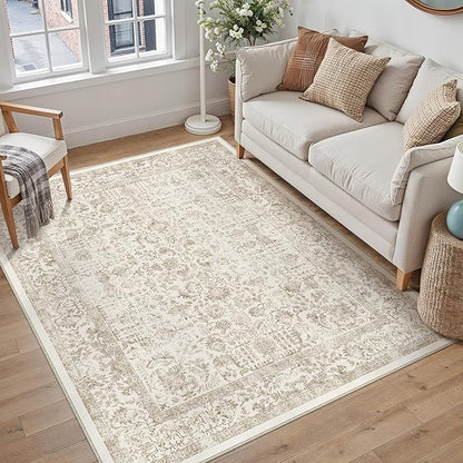 PureCozy Light Brown Area Rug 3x5 Entryway Washable Kitchen Vintage Distressed Non Slip Carpet Indoor Retro Floral Accent Throw Door Mat for Bathroom Bedroom Dining Living Room