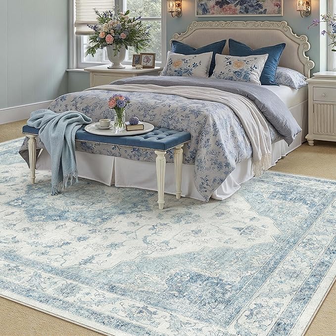PureCozy Blue Area Rug 5x7 Washable Vintage Carpet for Living Room Office Soft Retro Low Pile Thin Indoor Rug Non Slip Oriental Medallion Floor Cover for Bedroom Dining Room