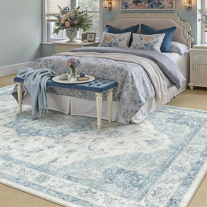 PureCozy Blue Area Rug 5x7 Washable Vintage Carpet for Living Room Office Soft Retro Low Pile Thin Indoor Rug Non Slip Oriental Medallion Floor Cover for Bedroom Dining Room