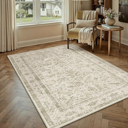 PureCozy Taupe 4x6 Entryway Rug Vintage Area Carpet Indoor Office Washable Door Mat Entrance Small Low Pile Traditional Distressed Retro Accent Throw Rug Non Slip Kitchen Bathroom
