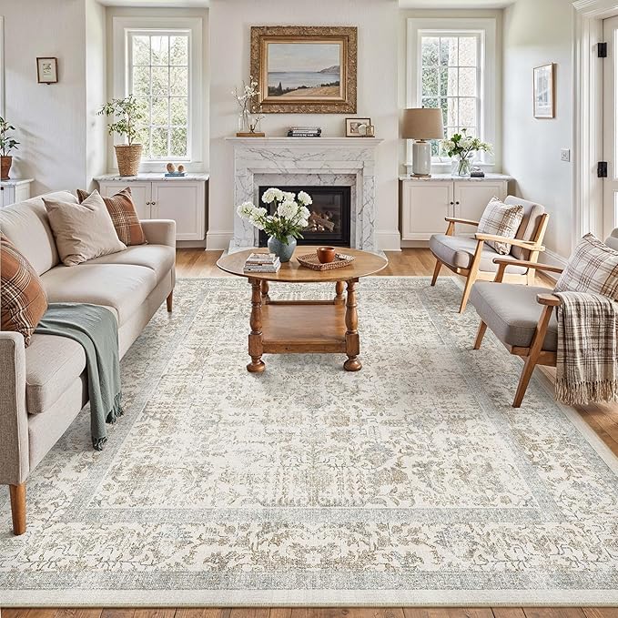PureCozy Taupe Area Rug 6x9 Machine Washable Vintage Living Room Distressed Non Slip Carpet Traditional Indoor Bedroom Retro Floral Accent Throw Large Rug for Office Kitchen Dining Room