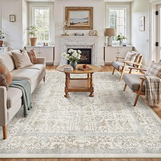 PureCozy Taupe Area Rug 9x12 Machine Washable Large Vintage Living Room Distressed Non Slip Carpet Traditional Indoor Bedroom Retro Floral Accent Throw Rug for Office Kitchen Dining Room