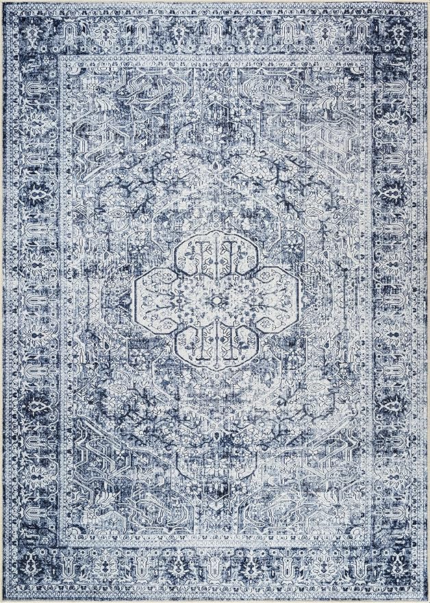 Bloom Rugs Washable Non-Slip 4' x 6' Rug - Ivory/Denim Blue Traditional Medallion Area Rug for Living Room, Bedroom, Dining Room, and Kitchen - Exact Size: 4' x 6'