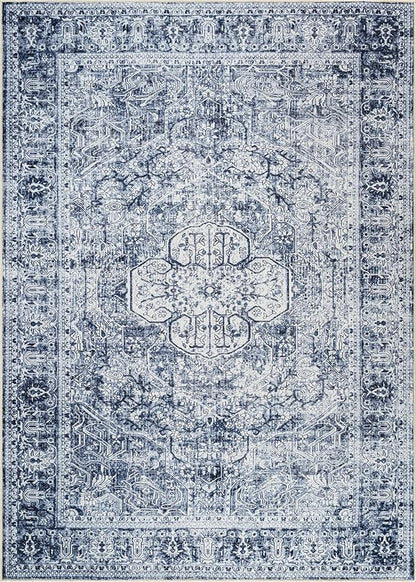 Bloom Rugs Washable Non-Slip 8' x 10' Rug - Ivory/Denim Blue Traditional Medallion Area Rug for Living Room, Bedroom, Dining Room, and Kitchen - Exact Size: 8' x 10'