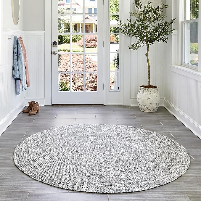 nuLOOM 8' Round Solid Hand Braided Indoor/Outdoor Area Rug, Pet-Friendly, High Traffic, Weather Resistant, for Patio, Balcony, Bedroom, Living, Dining Room, Wynn Salt and Pepper