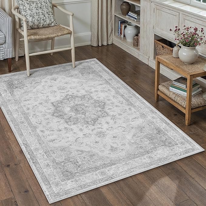 PureCozy Gray Area Rug 4x5 Washable Vintage Carpet Entryway Office Soft Retro Kitchen Low Pile Thin Door Mat Non Slip Grey Oriental Medallion Throw Small Rug for Bathroom Bedroom Dining Living Room