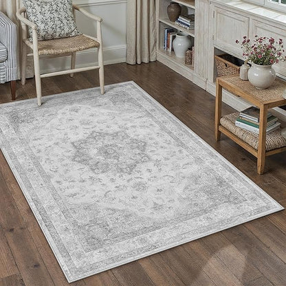 PureCozy Gray Area Rug 4x5 Washable Vintage Carpet Entryway Office Soft Retro Kitchen Low Pile Thin Door Mat Non Slip Grey Oriental Medallion Throw Small Rug for Bathroom Bedroom Dining Living Room