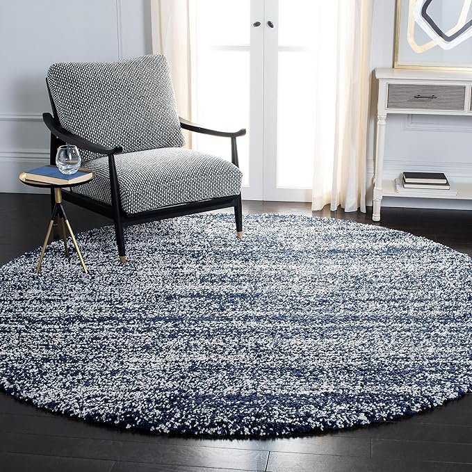 SAFAVIEH Hudson Shag Collection Area Rug - 4' Round, Navy & Ivory, Non Shedding & Easy Care, 1.25-inch Thick, Ideal for High Traffic Areas in The Living Room, Bedroom, Dining (SGH295N-4R)