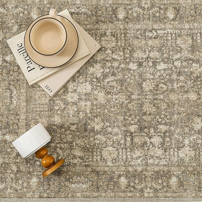 PureCozy Brown Area Rug 6x9 Machine Washable Vintage Living Room Distressed Non Slip Carpet Traditional Indoor Bedroom Retro Floral Accent Throw Large Rug for Office Kitchen Dining Room