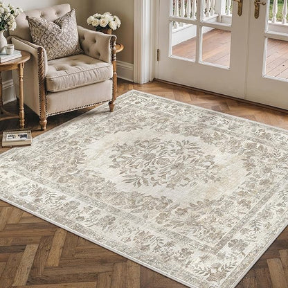PureCozy 4x5 Area Rug Beige Washable Office Vintage Distressed Carpet Bedroom Indoor Neutral Medallion Floral Living Room Non Slip Retro Throw Floor Mat for Dining Room Kitchen Bathroom
