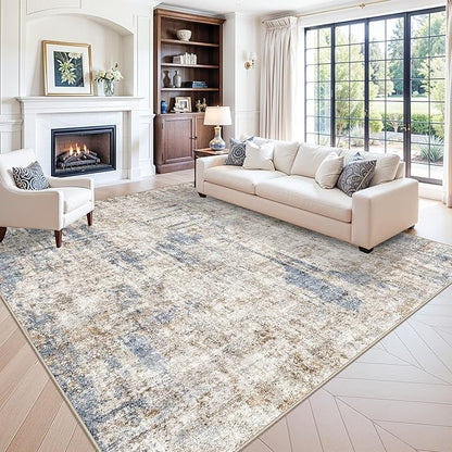 12x12ft Square Living Room Rug – Non-Slip Washable Extra Large Floor Carpet for Bedroom, Dining Room, Playroom Room – Modern Abstract Neutral Thin Low-Pile Oversized Indoor Rug (Blue Brown)