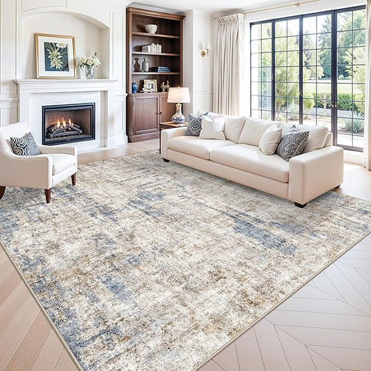 12x12ft Square Living Room Rug – Non-Slip Washable Extra Large Floor Carpet for Bedroom, Dining Room, Playroom Room – Modern Abstract Neutral Thin Low-Pile Oversized Indoor Rug (Blue Brown)
