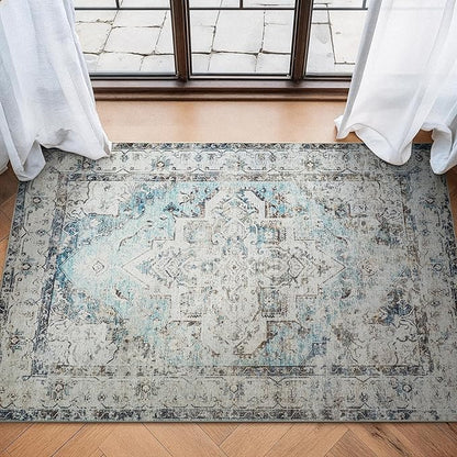 Bloom Rugs Washable Non-Slip 3' x 5' Rug - Beige/Blue Traditional Area Rug for Living Room, Bedroom, Dining Room, and Kitchen - Exact Size: 3' x 5'