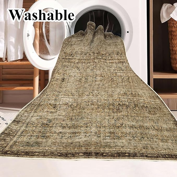 CHAMPLANT Area Rug 6x9 Washable Rug Dark Brown Vintage Traditional Distressed Thin Retro Kitchen Indoor Floor Cover Non Slip Carpet Floral Print Mat Living Room Bedroom Dining Room