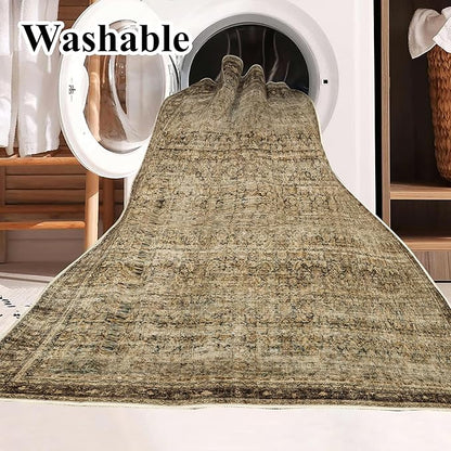 CHAMPLANT Area Rug 4x6 Washable Rug Brown Vintage Traditional Floor Cover Foldable Thin Retro Kitchen Accent Indoor Distressed Non Slip Carpet Floral Print Mat Bedroom Living Room