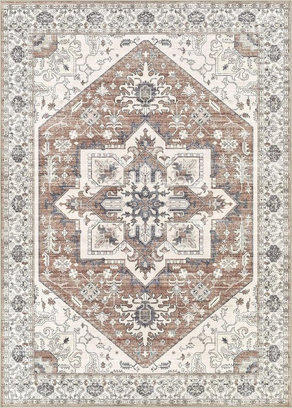 Area Rug 10x14 for Living Room - Washable Oriental Vintage Floral Distressed Large Indoor Carpets with Non Slip Back for Bedroom Dining Room Nursery Office Home Decor -Terracotta/Brown