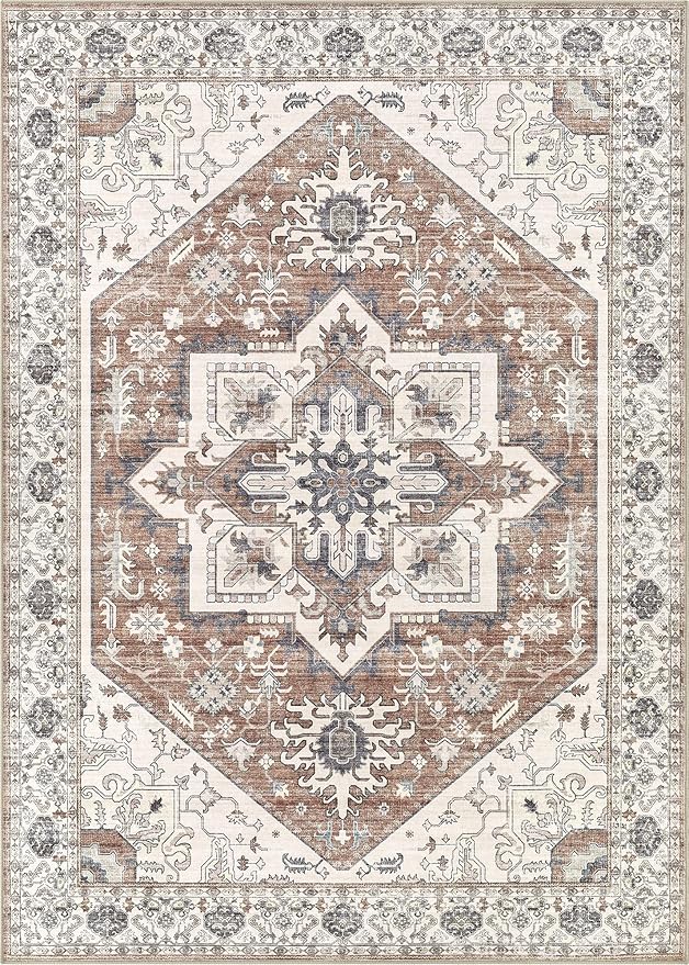Area Rug 8x10 for Living Room - Washable Oriental Vintage Floral Distressed Large Indoor Carpets with Non Slip Back for Bedroom Dining Room Nursery Office Home Decor -Terracotta/Brown