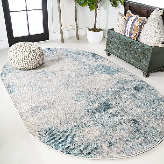 JONATHAN Y Modern Abstract Vintage Cream/Blue 6x9 Oval Indoor Area Rug, Contemporary POP, Transitional, Easy-Cleaning for Living Room, Bedroom, Kitchen, Pet Friendly, Non-Shedding (CTP104A-6OV)