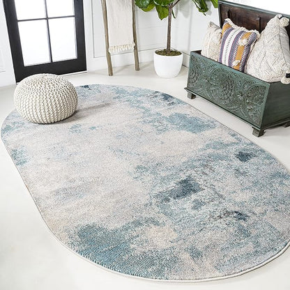 JONATHAN Y Modern Abstract Vintage Cream/Blue 6x9 Oval Indoor Area Rug, Contemporary POP, Transitional, Easy-Cleaning for Living Room, Bedroom, Kitchen, Pet Friendly, Non-Shedding (CTP104A-6OV)