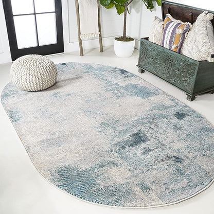 JONATHAN Y Modern Abstract Vintage Cream/Blue 4x6 Oval Indoor Area Rug, Contemporary POP, Transitional, Easy-Cleaning for Living Room, Bedroom, Kitchen, Pet Friendly, Non-Shedding (CTP104A-4OV)