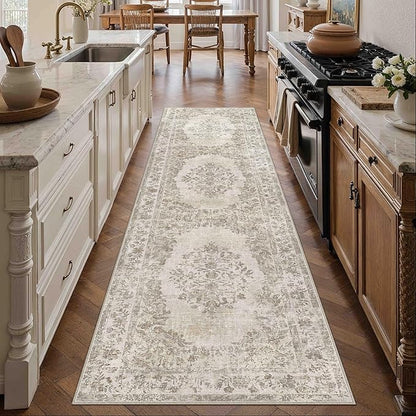 PureCozy 2x7 Runner Rug Beige Washable Hallway Kitchen Bedroom Vintage Distressed Bathroom Non Slip Medallion Floral Carpet Indoor Retro Throw Floor Mat for Office Dining Laundry Living Room