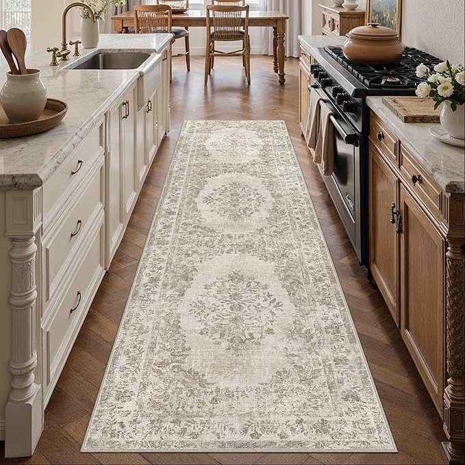 PureCozy 2x8 Runner Rug Beige Washable Hallway Kitchen Bedroom Vintage Distressed Bathroom Non Slip Medallion Floral Carpet Indoor Retro Throw Floor Mat for Office Dining Laundry Living Room