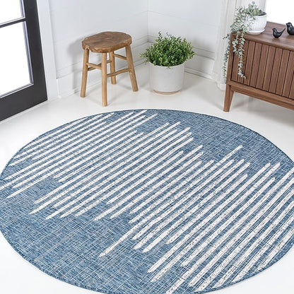 JONATHAN Y Stripe Geometric Indoor Outdoor Round Area Rug 6 Ft Blue/Ivory, Zolak Berber for Backyard, Patio, Porch, Easy-Cleaning, High Traffic, Pet-Friendly, Non-Shedding (SMB124C-6R)
