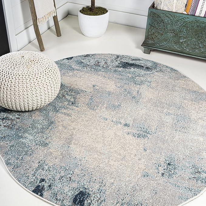 JONATHAN Y Modern Abstract Vintage Cream/Blue 8' Round Indoor Area Rug, Contemporary POP, Transitional, Easy-Cleaning for Living Room, Bedroom, Kitchen, Pet Friendly, Non-Shedding (CTP104A-8R)