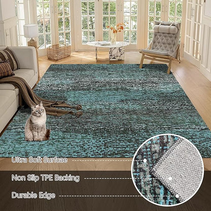 RUGSURE Washable Area Rug - 1/6 Thick - Stain & Water Resistant Non-Slip - Resistant Rug for Living Room, Bedroom, Nursery, Pet & Child Friendly, Vintage Charm Area Rugs (Green, 3' x 5 ')
