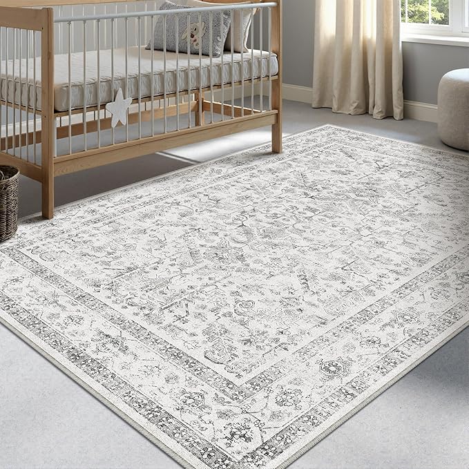 PureCozy Grey 3x4 Entryway Rug Vintage Area Carpet Indoor Kitchen Washable Neutral Door Mat Entrance Small Low Pile Traditional Distressed Gray Retro Accent Throw Rug Non Slip Office Bathroom