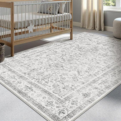 PureCozy Grey 3x4 Entryway Rug Vintage Area Carpet Indoor Kitchen Washable Neutral Door Mat Entrance Small Low Pile Traditional Distressed Gray Retro Accent Throw Rug Non Slip Office Bathroom