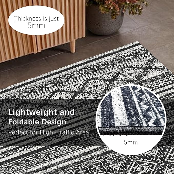 RUGSURE Washable Area Rugs 6' x 9' - 1/6 Thick - Moroccan-Inspired -Stain & Water Resistant Non-Slip - Resistant Rug for Living Room, Bedroom, Nursery, Pet & Child Friendly (Black)