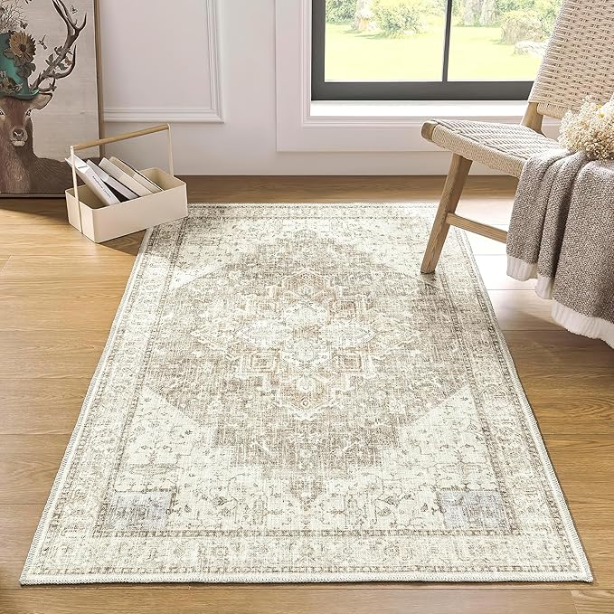 BILEEHOME 3x5 Area Rug, Washable Non Slip Neutral Farmhouse Persian Front Door Rug for Entry, Tan Beige and Light Brown with Terracotta Pattern
