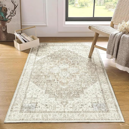 BILEEHOME 3x5 Area Rug, Washable Non Slip Neutral Farmhouse Persian Front Door Rug for Entry, Tan Beige and Light Brown with Terracotta Pattern