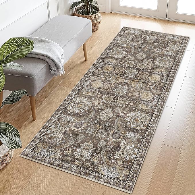 RUGSURE Washable Area Rugs - Perfect for Living Room, Bedroom, Kids Room, Nursery - Stain & Water Resistant Non-Slip, Pet & Child Friendly, Vintage Tribal Area Rugs (Ivory, 2'6'' x 8')