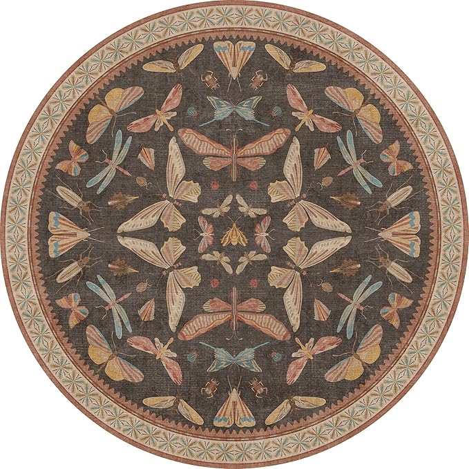 Vintage 6ft Round Entryway Rug, Brown Washable Circle Carpet for Living Room, Home Office & Reading Corner, Soft Stain Resistant Boho Insect Rug