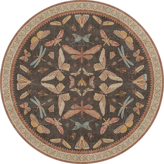 Vintage 6ft Round Entryway Rug, Brown Washable Circle Carpet for Living Room, Home Office & Reading Corner, Soft Stain Resistant Boho Insect Rug