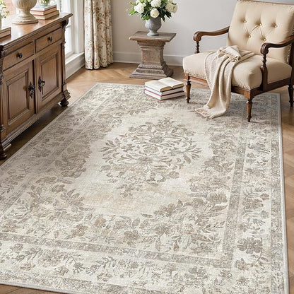 PureCozy 4x5 Area Rug Beige Washable Office Vintage Distressed Carpet Bedroom Indoor Neutral Medallion Floral Living Room Non Slip Retro Throw Floor Mat for Dining Room Kitchen Bathroom