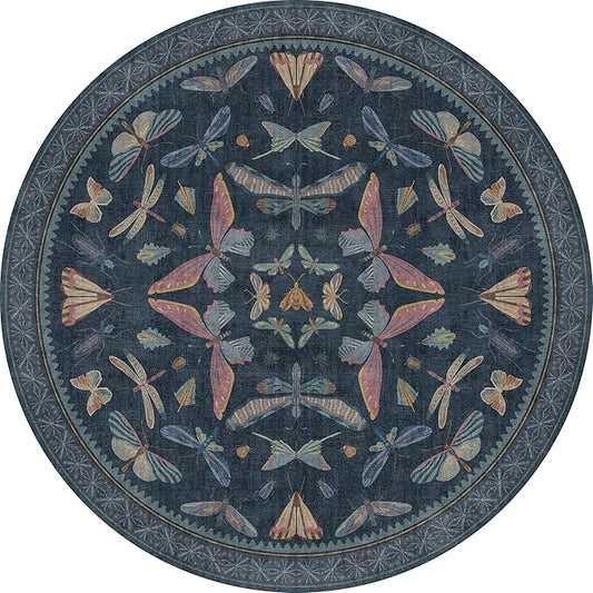 Vintage Dark Blue 4ft Round Area Rug, Washable Soft Circle Rug for Entryway, Living Room, Home Office & Reading Corner, Boho Insect Print Stain Resistant Carpet