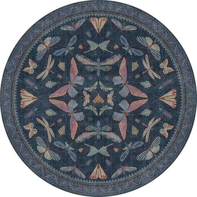 Dark Blue Vintage Round Rug 6ft, Washable Soft Area Rug for Entryway, Living Room & Kitchen, Stain Resistant Boho Insect Print Carpet