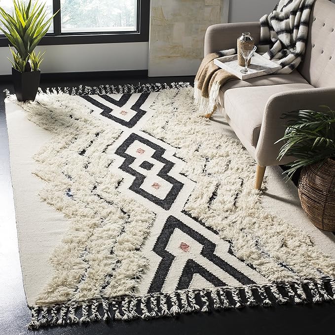 SAFAVIEH Kenya Collection Accent Rug - 4' x 6', Ivory & Black Blue, Hand-Knotted Moroccan Tribal Tassel Wool, Ideal for High Traffic Areas in Entryway, Living Room, Bedroom (KNY905A)